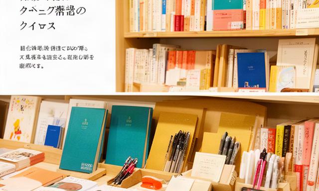 書店の棚に並ぶ色とりどりの本と文房具、柔らかな照明